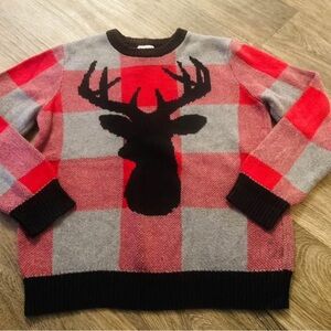 Red and Gray Plaid Sweater with Deer Design 100% cotton